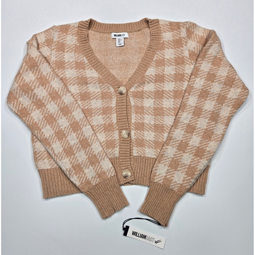 William Rast Womens Cardigan Sweater Tan Cream Plaid Knit‎ Button Front Large